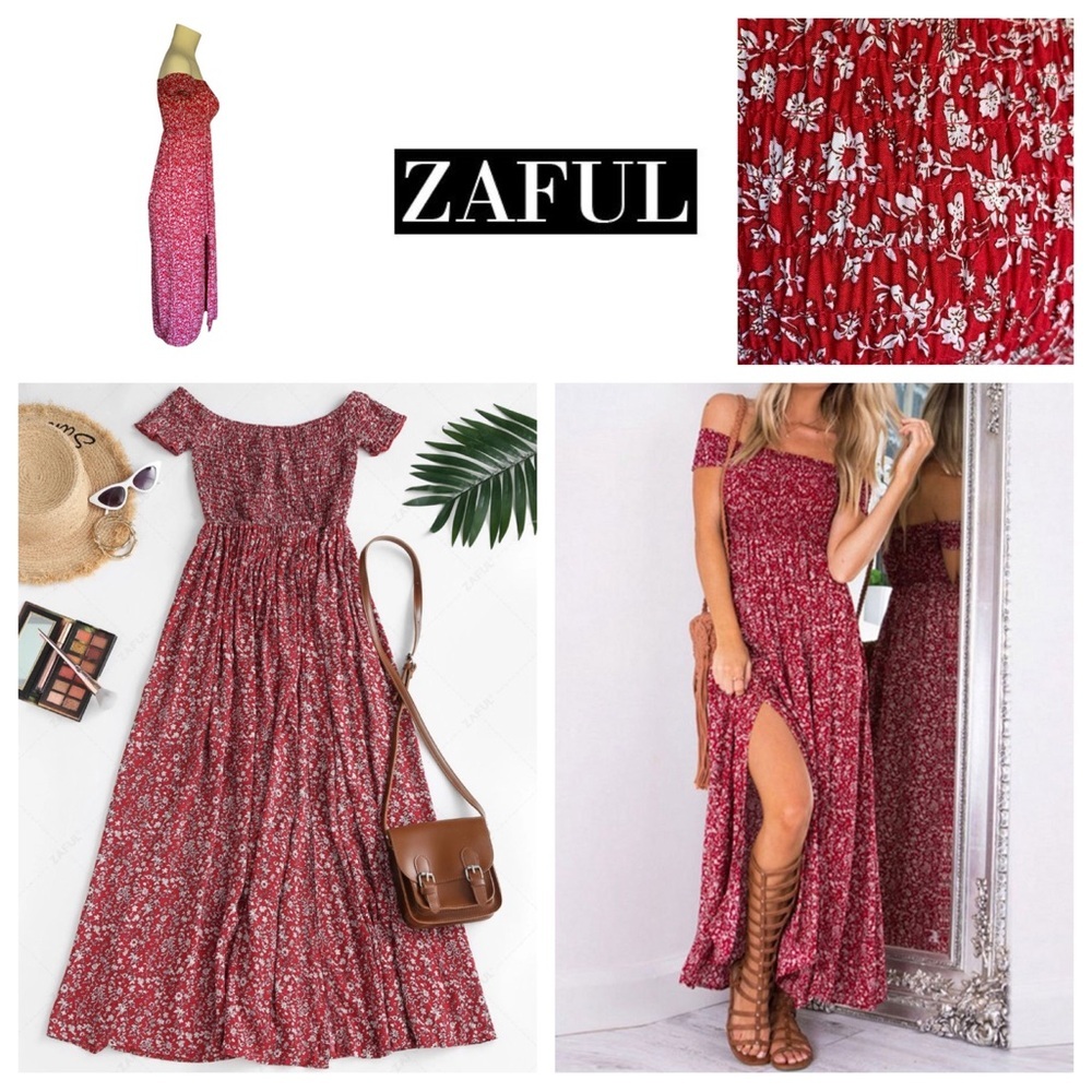 Zaful Maxi Dress Floral Ruffled Bare Shoulder Slit Dress Red Floral Peasant Dres